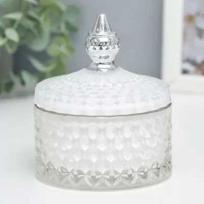 Емкость из рельефного стекла с крышкой, белая с серебром
