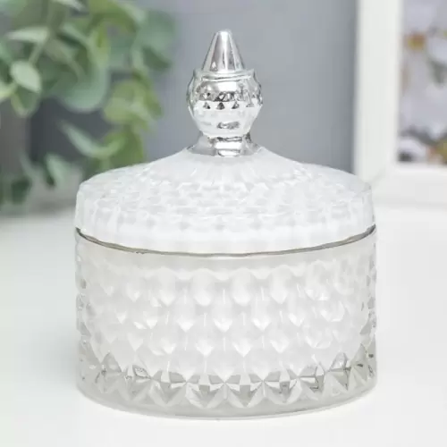 Емкость из рельефного стекла с крышкой, белая с серебром